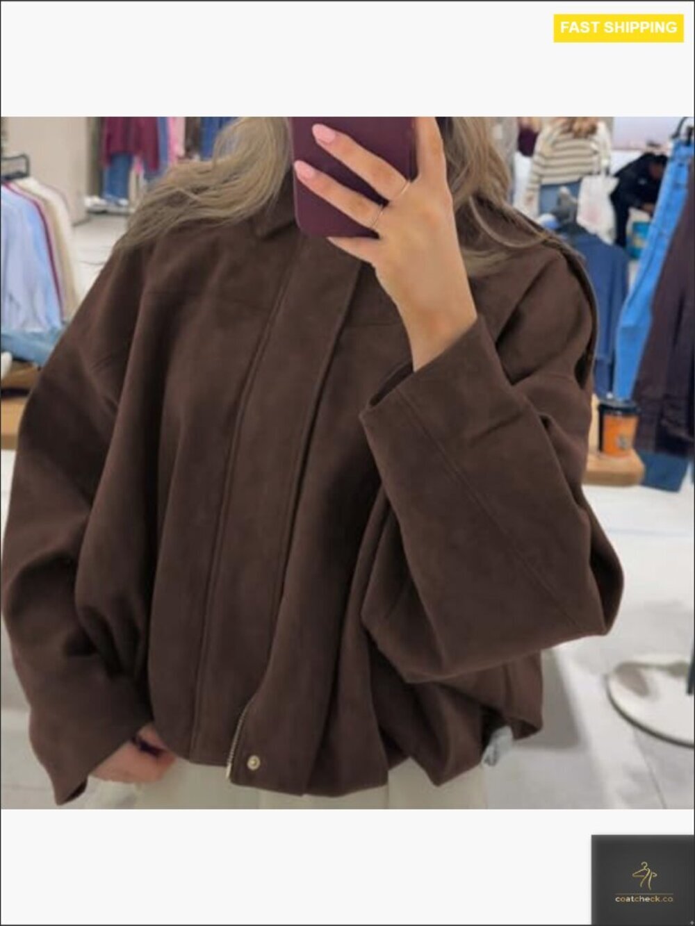 Faux Suede Bomber Jacket Lightweight Oversized Batwing Sleeve Streetwear Chic - Picture 3 of 7